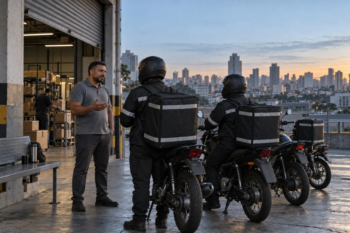 Coordenador conversando com dois entregadores em motos, em uma doca com a cidade ao fundo.