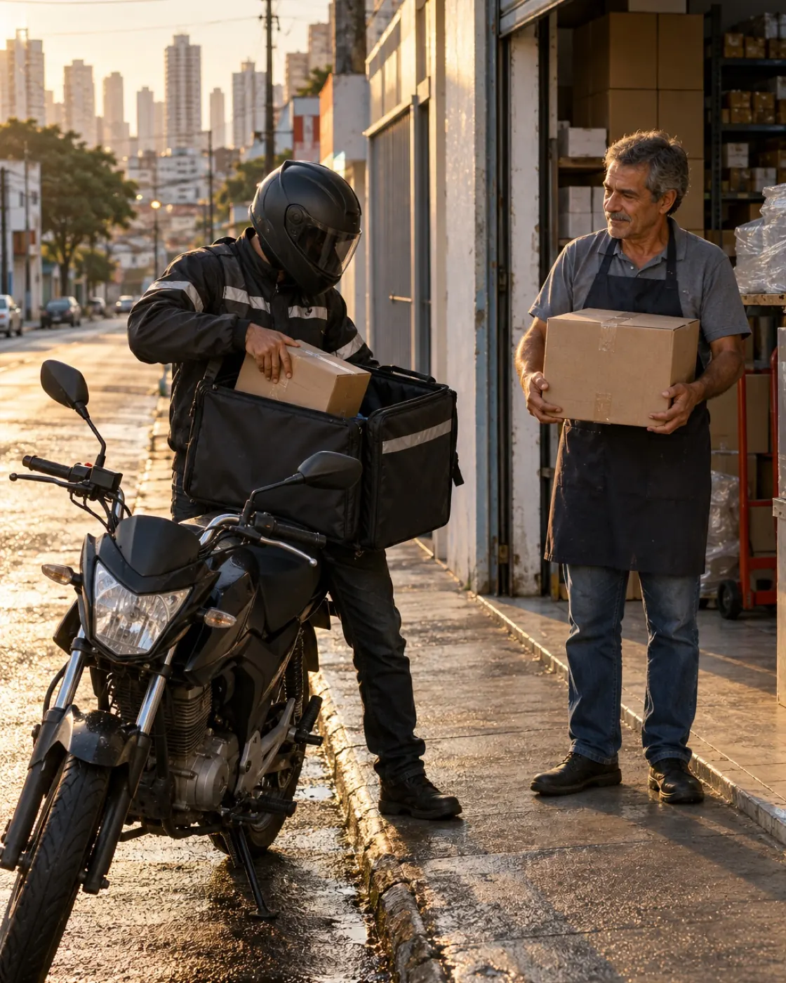 Entregador de moto guardando um pacote na mochila, ao lado de uma pessoa que segura uma caixa.
